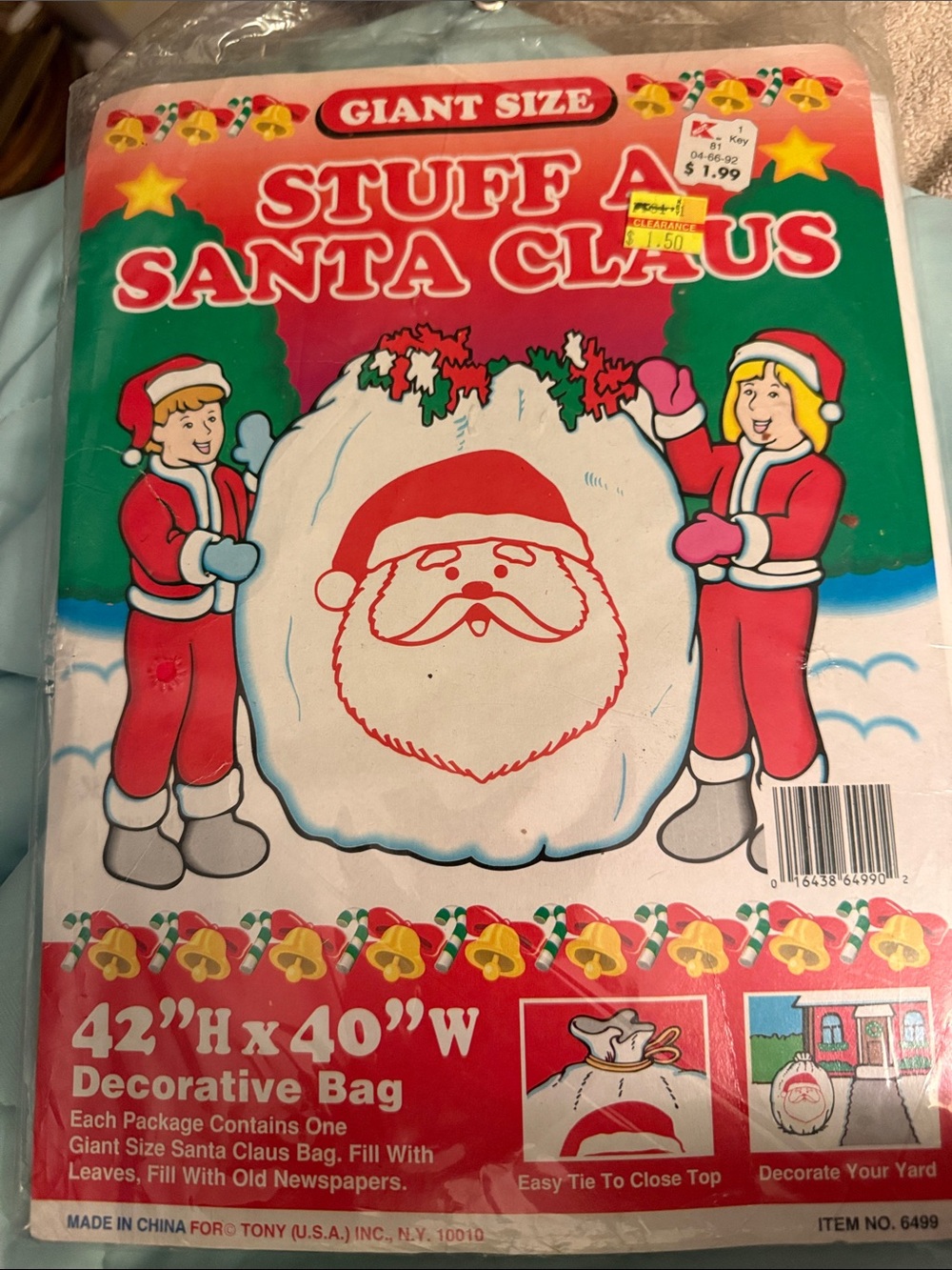 Vintage Giant Size Stuff a Santa Claus Decorative Bag - Red, White, Green OSP